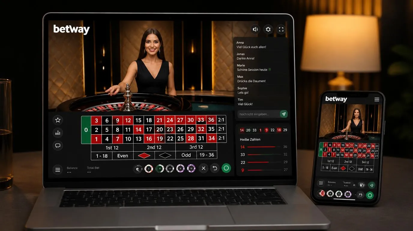 Live-Roulette-Tisch mit Dealer, Roulettekessel und eingeblendeter Einsatzoberfläche auf einem Bildschirm