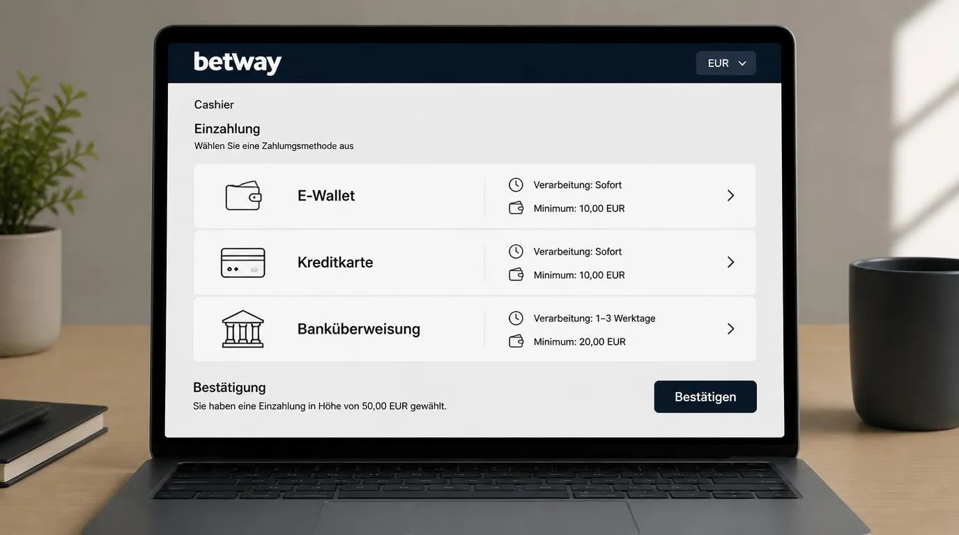 Kassenansicht mit E-Wallet, Kartenzahlung und Banküberweisung sowie Hinweisen zu Dauer und Limits